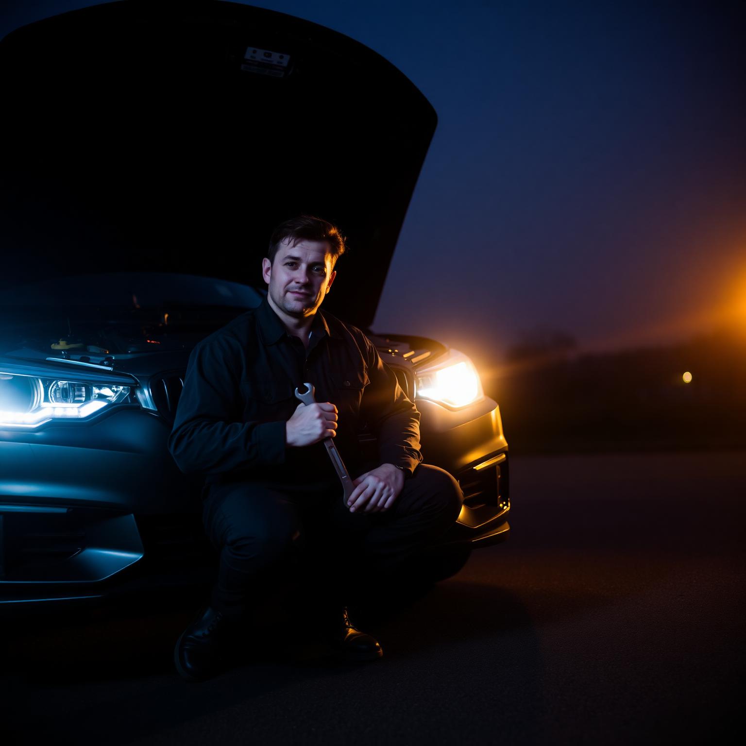 Mobile mechanic at work with car hood open at dusk