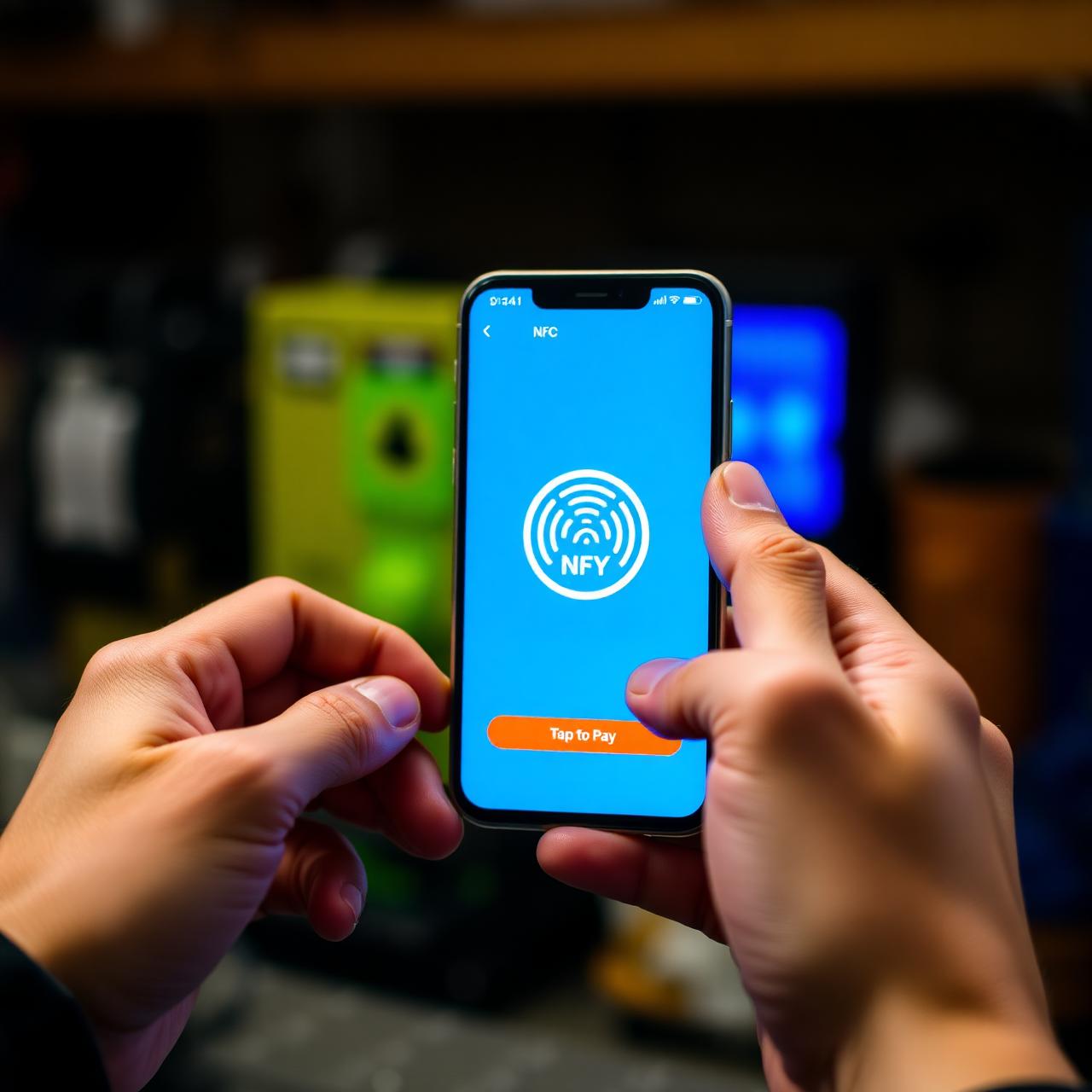 Hands holding a phone showing tap to pay